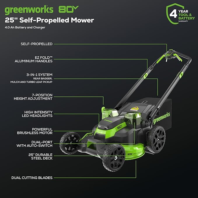 Greenworks 80V 25" Brushless Cordless (Self-Propelled) Dual Blade Lawn Mower (LED Headlight + Aluminum Handles), 4.0Ah Battery and Rapid Charger Included