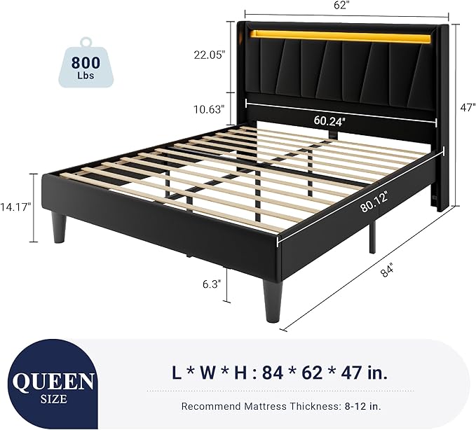 Allewie Queen Size LED Bed Frame with Charging Station, Velvet Upholstered Platform Bed with Geometric Wingback Headboard, Modern Frame with No Box Spring Needed, Easy Assembly, Black