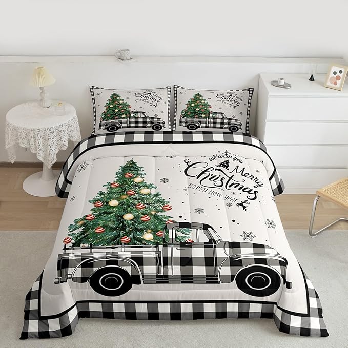 Christmas Truck Kids Comforter Set Queen Size,Snowflake Pines Trees Rustic Bedding,Girls Boys Adults Bedroom/Xmas Cabin Decor,Geometric Grids Lattice Down Comforter,Retro Duvet Insert,2 Pillowcases