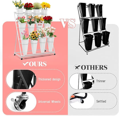Flower Display Stand with Buckets, 3-Layers 12 PCS Buckets Plant Stand with Wheels, Movable Metal Plant Stand for Terrace Garden, Living Room, Florist Shop (White Frame - White Buckets, 3-Tier)