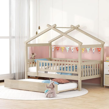 Harper & Bright Designs Twin House Bed with Trundle, Kids Platform Frame Rails and Roof, Tent Bed, Wood Playhouse Montessori for Teens Girls Boys, No Box Spring Needed (Natural)