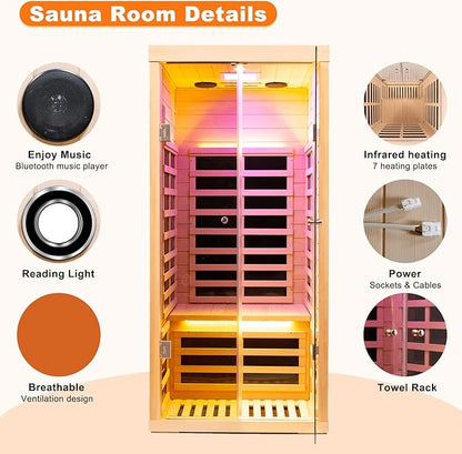 Indoor Infrared Sauna, 1 Person Hemlock Wood Low EMF Far Infrared Saunas, Personal Sauna Room Box with APP Control, Glass Door, Blue-Tooth, LCD, LED Reading Light, 7-Color Light Therapy