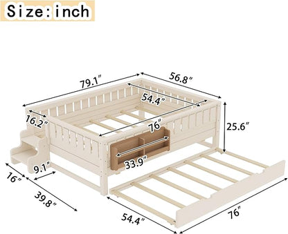 Bellemave Full Size Kids Bed with high Rails and with Built-in Bookshelf and Trundle for Kids, Girls, Boys, Wood Montessori Bed Without Door, Beige