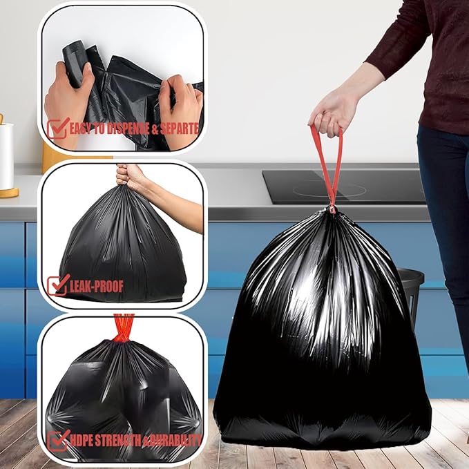 30 Gallon Trash Bags Drawstring, 150 Count Bulk, Black | Unscented | Heavy Duty Multi-purpose Garbage Bags Can Liners for Business Home Kitchen Commercial and Industrial