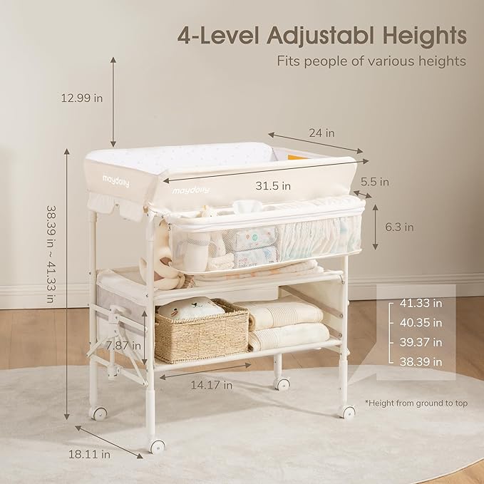 Maydolly Baby Changing Table, Portable Foldable Changing Table, Waterproof Diaper Changing Station, Adjustable Height Changing Station, Mobile Nursery for Newborn and Infant (Beige Without Drawer)