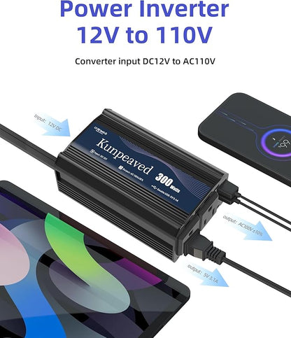 300W Power Inverter DC 12V to 110V Car Charger Converter with Dual USB Ports and 2 AC Outlets for Air Compressor Laptops, Road Trip Accessories (Black)