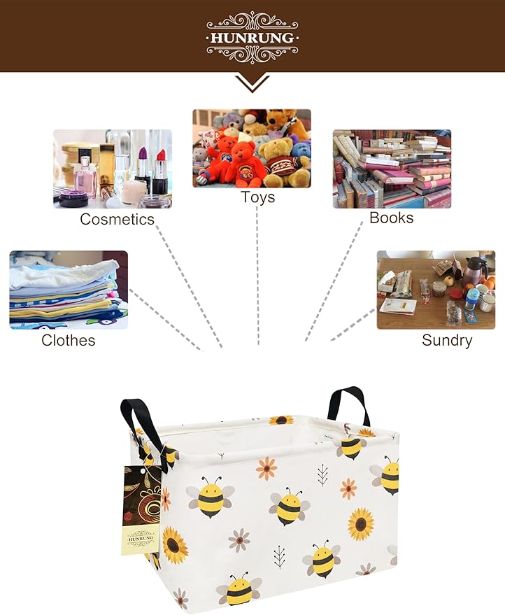 HUNRUNG Rectangle Storage Basket Cute Canvas Organizer Bin for Pet/Children Toys, Books, Clothes Perfect for Rooms/Playroom(REC-Bee)
