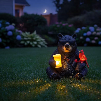Solar Black Bear Statue for Garden with Beer and Cardinals 6.3" Resin Garden Statues for Outside Yard Paito Porch Decor Birthday Gardening Gifts for Women Mother Sister Grandmother Wife