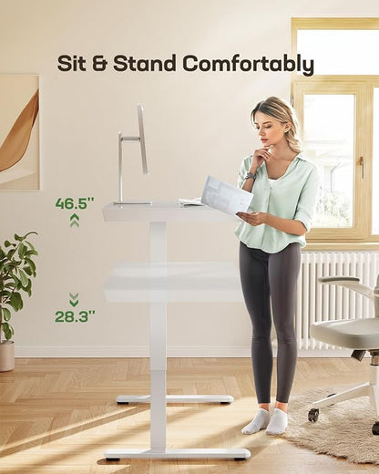 Marsail Glass Standing Desk with Drawer, 48 x 24 inch Electric Standing Desk, Height Adjustable Desk with One-Piece Tabletop & USB Charging Ports, Sit Stand Desk with Storage for Home & Office White