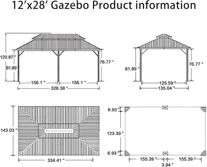 PURPLE LEAF 12' X 28' Outdoor Hardtop Gazebo Patio Wide Aluminum Frame Metal Double Roof with Heavy Duty Netting and Curtains for Permanent Hard Top Pavilion Screen Khaki