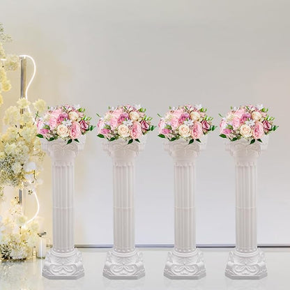 Roman Columns Wedding Column Stand Roman Pillar Plant Stand Plastic Greek Column Statue Pedestal Flower Pot Holder Decor Wedding Event Party Elegant Decorative Column (White, 4Pcs, 10.63x34.65 Inch)