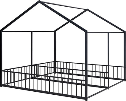 Harper & Bright Designs Metal Twin Size House Platform Bed Frame for Boys Girls Kids Adults Toddler, Two Shared Beds, Black