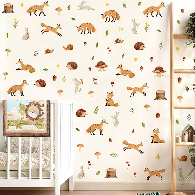 Woodland Animal Wall Stickers Cute Animals Wall Decals Peel and Stick Catroon Animal Decal Funny Fox Hedgehog Rabbit Stickers Forest Woodland Decals for Kids Room Bedroom Nursery Decor
