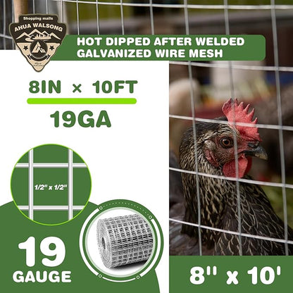 Hardware Cloth 1/2in 8'' x 10' 19GA ，Hot-dip Galvanized After Welding ，Chicken Wire Mesh,Chicken Coop Fence,Screen Mesh,Rabbit/Snake Fence,for Garden Poultry Animal Netting Cage