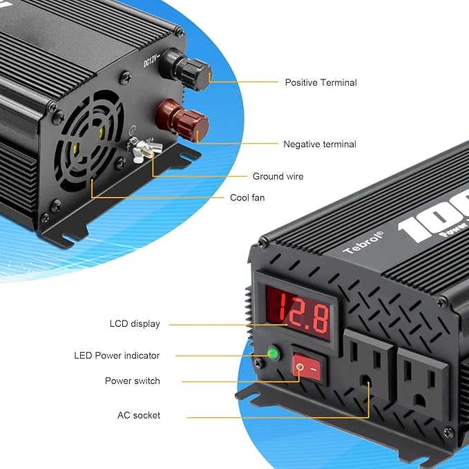1000 watt Inverter Modified Wave 12V to 110V/120V DC to AC Inverter car Power Inverter for semi Truck Vehicles Camping RV Van Solar Power Inverter Converter with LCD Display-1000w