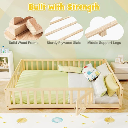 KOMFOTT Full Size Wood Floor Bed with Door & Fence, Montessori Bed Frame with Full Length Safety Guardrails, Slats Support, Door & Latch, Wooden Montessori Floor Bed, No Box Spring Needed