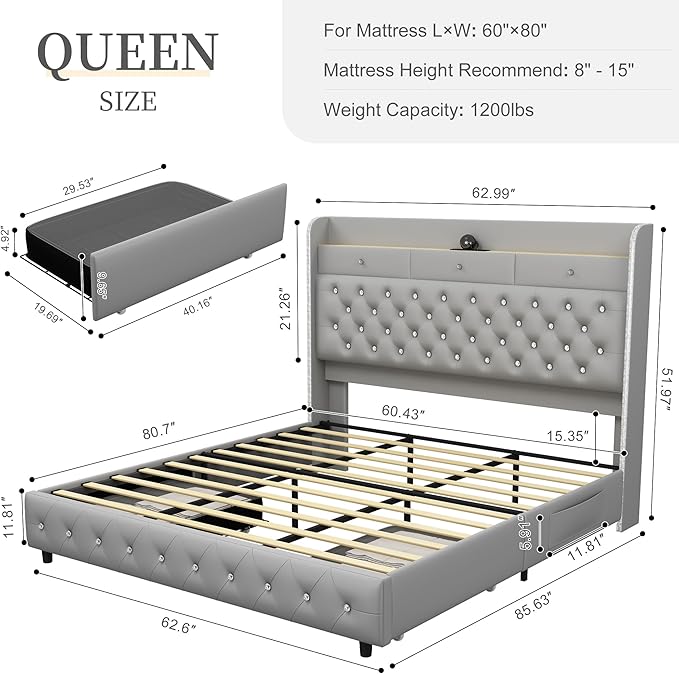 King Led Bed Frame with Galaxy Aurora Star Projector, Platform Beds with
