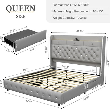 King Led Bed Frame with Galaxy Aurora Star Projector, Platform Beds with