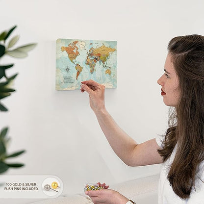 ElephantStock - Personalized Wanderer Push Pin World Map Wall Art - Horizontal Canvas Wall Art - Living Room Wall Decor - Digital Art Map Canvas Art - Orange And Blue Decor - 12" x 8"