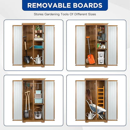 Outdoor Storage Cabinet Wood & Metal with Waterproof Roof, Garden Tool Shed with 3 Removable Shelves, 4 adjustable reinforced feet with metal brackets, 6 T-Hinge, magnetic door,15.6"D x 32.3"W x 66"H