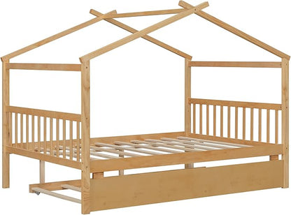 Harper & Bright Designs Full House Bed for Kids, Wood Montessori Beds with Trundle, Full Platform Bed Frame with Roof, Playhouse Bed for Kids,Teens, Bedroom, Natural