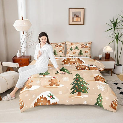 Feelyou Christmas Bedding Set Soft for Boys Girls, Gingerbread Man Comforter Set Twin Size Snowflake Duvet Quilt Microfiber Xmas Tree Bedroom Decor 2 Pcs with 1 Pillow Cases
