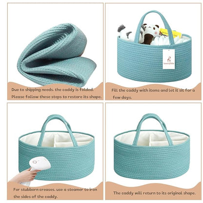 Baby Diaper Caddy Organizer, Large Cotton Rope Nursery Diaper Basket, Changing Table Organizer, Portable Tote Bag with Divider, Car Storage, Baby Shower Gifts for Newborn Girls - Lake Blue