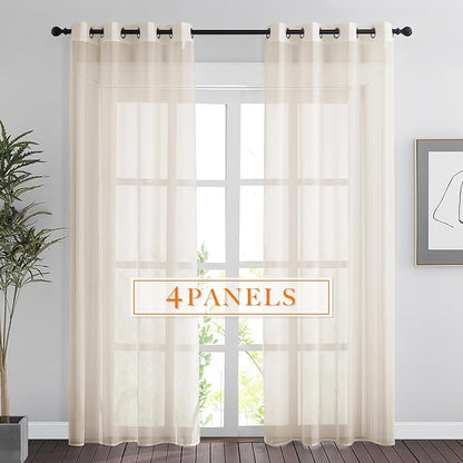 RYB HOME Sheer Curtains 84 Inches Long for Living Room, Light Filtering Grommet Top Solid Color Sheer Window Panels, Lightweight Elegant Curtains for Bedroom, Office, Khaki, W54 x L84, 4 Pieces