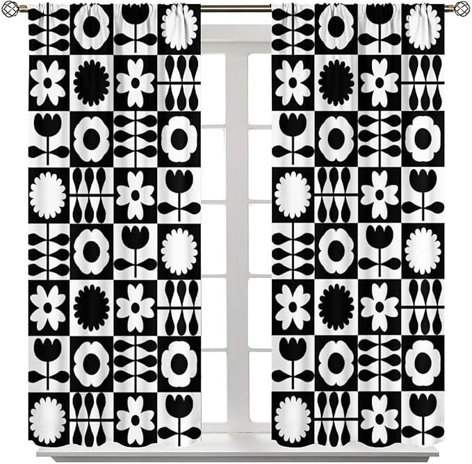 Mid Century Geometric Floral Curtains,Vintage 70s Window Treatments for Boys Girls Kids Bedroom Curtains,Boho Black and White Floral Curtains 72"" W X 63"" L, Style-10