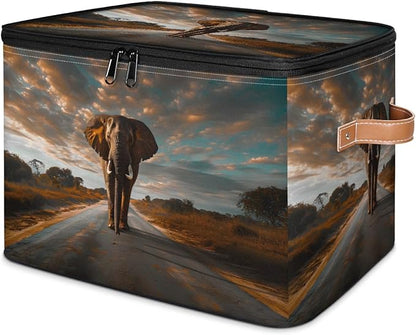 Elephants Storage Bins With Lids Fabric Collapsible Storage Box with Leather Handles for Home Bedroom Foldable Closet Shelf Organizer