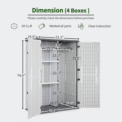 Macrout 50 Cu.Ft Plastic Outdoor Storage Cabinet with Shelves, 4.3 x 2.5 ft Waterproof Resin Outdoor Storage Shed with Floor, Lockable Vertical Shed for Garden and Patio