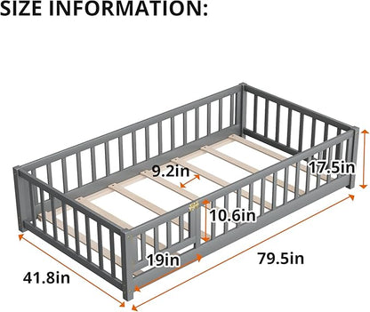 i-POOK Twin Floor Bed for Children, Sturdy Wood Montessori Bed Frame with Wood Slats, Fence & Door, Montessori Floor Bed for Girls and Boys, Gray