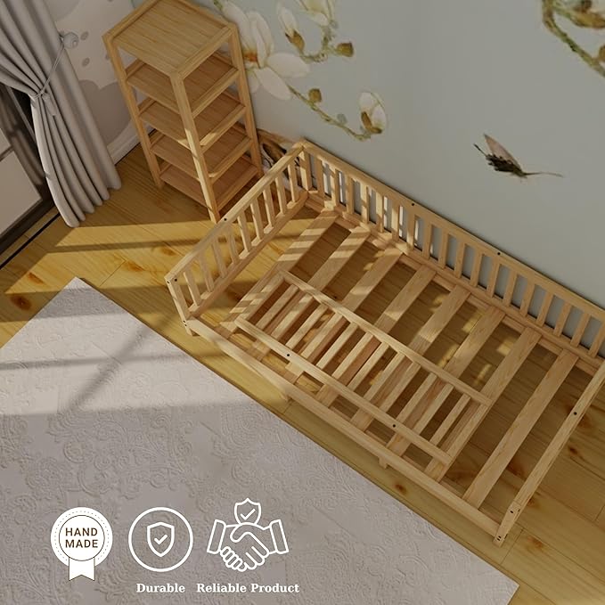 Montessori Floor Bed Designed with Open Front for Girls and Boys | Pine Wood Natural Solid Frame Beds Footed Model with Slats | Sturdy Designed Floor Bed Frame for Kids (Crib, Height : 23 Inches)