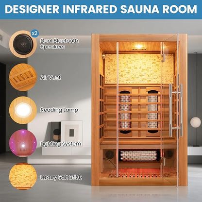 Full Spectrum Infrared Sauna, 2 Person Home Sauna 120V 1750W, Indoor Dry Sauna with Himalayan Salt Panel and LCD Touch Control Panel