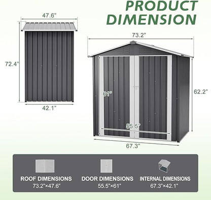 4×6 Ft Metal Outdoor Storage Shed with Floor Base, 0.25mm Galvanized Steel Metal Garden Shed Waterproof with Lockable Door for Backyard, Patio, Garden, Dark Grey