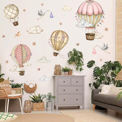 SANDOO Hot Air Balloon Wall Decals Peel and Stick - Neutral Nursery Decals,Stars Clouds Wall Stickers,Watercolor Wall Decal for Nursery Kids Room Playroom Bedroom Classroom Kindergarten Wall Decor
