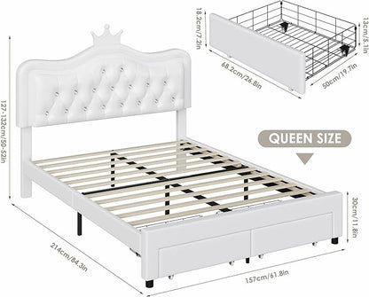 Keyluv Queen Upholstered LED Bed Frame with Storage Drawer, Leather Princess Platform Bed with Adjustable Crystal Button Tufted Crown Headboard, Solid Wooden Slats Support, No Box Spring Needed, White
