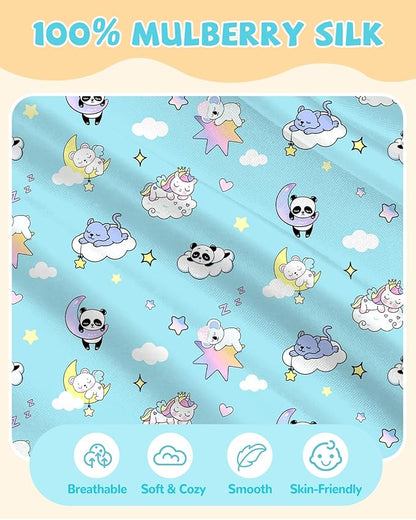 Silk Pillowcase for Kids - 30 x 20 Inches Queen Size Mulberry Silk Pillow Case with Zipper Cute Cartoon Kawaii Teens Girls Boys Pillowcase for Hair and Skin, Sleeping Animals