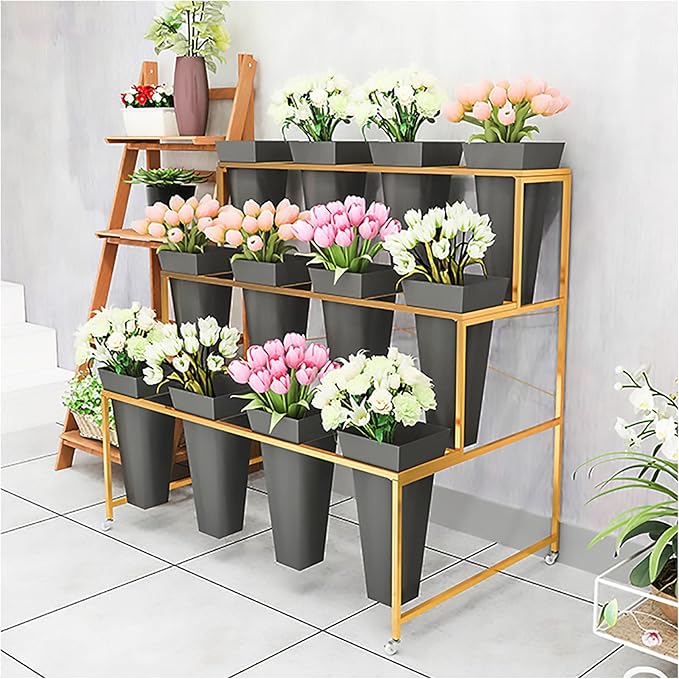 Flower Display Stand With 12PCS Buckets, 3 Layers Metal Plant Stand with Wheels, Heavy Duty Moving Plant Cart Shelf, for Indoor, Outdoor Patio Garden, Living Room, Florist (Black - Square Bucket)