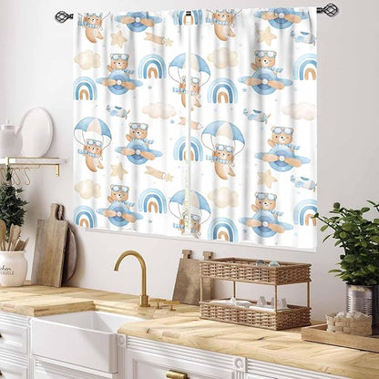 Cartoon Bear Curtains, Kids Boys Girls Cute Lovely Bear Adventure Airplane Cloud Pastel Blue Window Drapery Treatments for Baby Living Room Bedroom Nursey Toddler Classroom 2 Panels, 55x39 Inch
