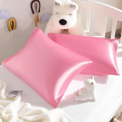 NTBAY Silk Satin Toddler Pillowcases, Small Pillow Case Pillow Cover 14x20 Inches with Envelope Closure, Soft and Silky Cooling Travel Pillow Covers for Nursery, Kids, Boys and Girls, Pink, 2 Pack