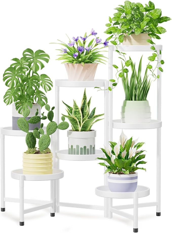 iDavosic.ly 7 Tier Large Plant Stand Indoor, 10 Inch Wide Tall Corner Metal Plant Stands Outdoor for Multiple Plants, Folding Tiered Flower Display Holder Rack Shelf, White