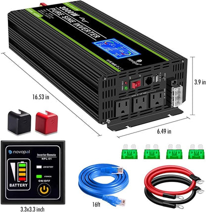 NOVOPAL 3000 Watt Pure Sine Wave Power Inverter 24V to 110V 120V Rv Inverters with 3 AC Outlets,High Power AC Terminal-16 ft Remote Control, LCD Display for Truck, Hurricane, Home