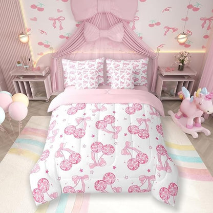 7 Pieces Pink Bowknot Princess Comforter Set King,Disco Crystal Ball Western Cowgirl Bedding Set,Stars Bow Tie Sweet Romantic Dreamy（Comforter+Fitted+Flat Sheet+2 Pillowcases+2 Throw Pillow Covers）