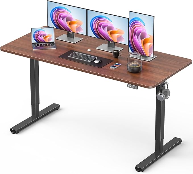 Standing Desk, Large Height Adjustable Electric Stand up Desk, 55 x 24 Inches Sit Stand Home Office Desk, with Splice Board, Black Frame/Walnut Top