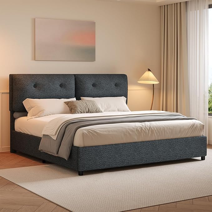 King Bed Frames,Breathable Boucle Fabric Upholstered Bed Frame with Headboard,Removable and Washable,Wood Slat Support,No Box Spring Needed,Easy Assembly, Dark Grey