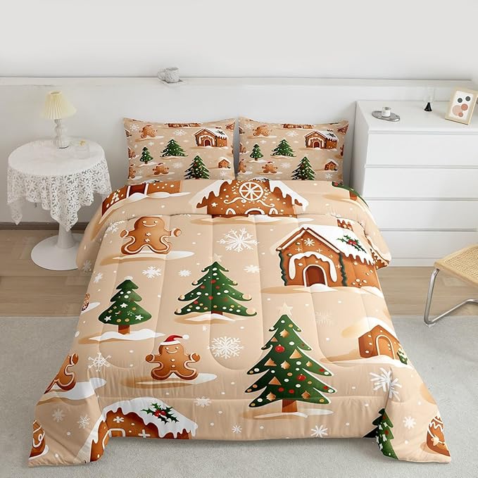 Feelyou Christmas Bedding Set Soft for Boys Girls, Gingerbread Man Comforter Set Twin Size Snowflake Duvet Quilt Microfiber Xmas Tree Bedroom Decor 2 Pcs with 1 Pillow Cases