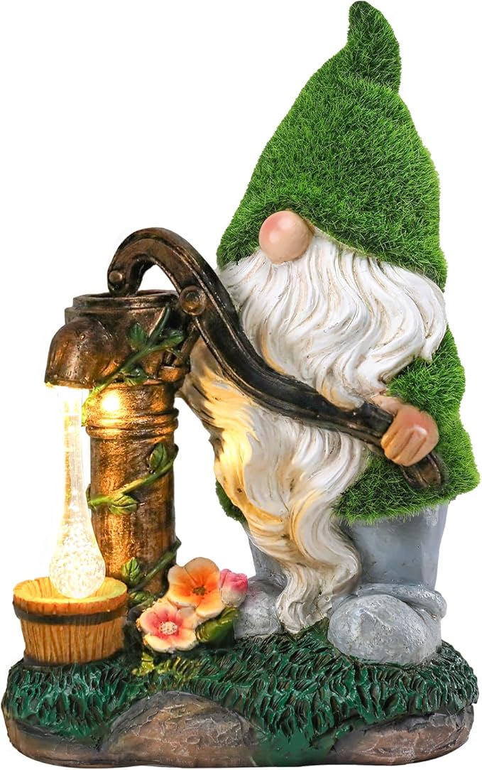 Garden Gnome Statue, Resin Pressurized Well with Water Gnome Figurine with Solar Lights for Porch Patio Yard Outdoor Decor