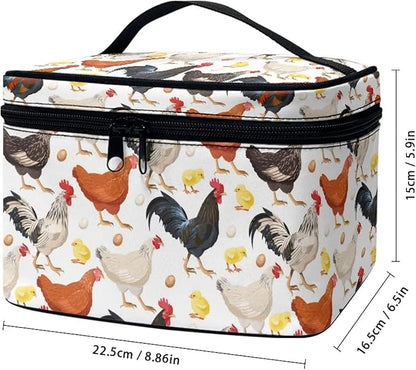 Cute Farm Chicken Rooster Print Travel Makeup Bag for Women Large Capacity Cosmetic Bags with Zipper And Handle Make Up Tote Bags Organizer Portable Brushes Case Toiletry Bags