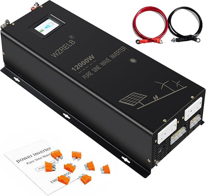 WZRELB 12KW 24V Pure Sine Wave Inverter,24 Volt DC to AC 120V 240V Split Phase Power Inverter,2*AC Hardwire Terminal,24KW Surge,High Efficiency up to 91.6% with LCD Display
